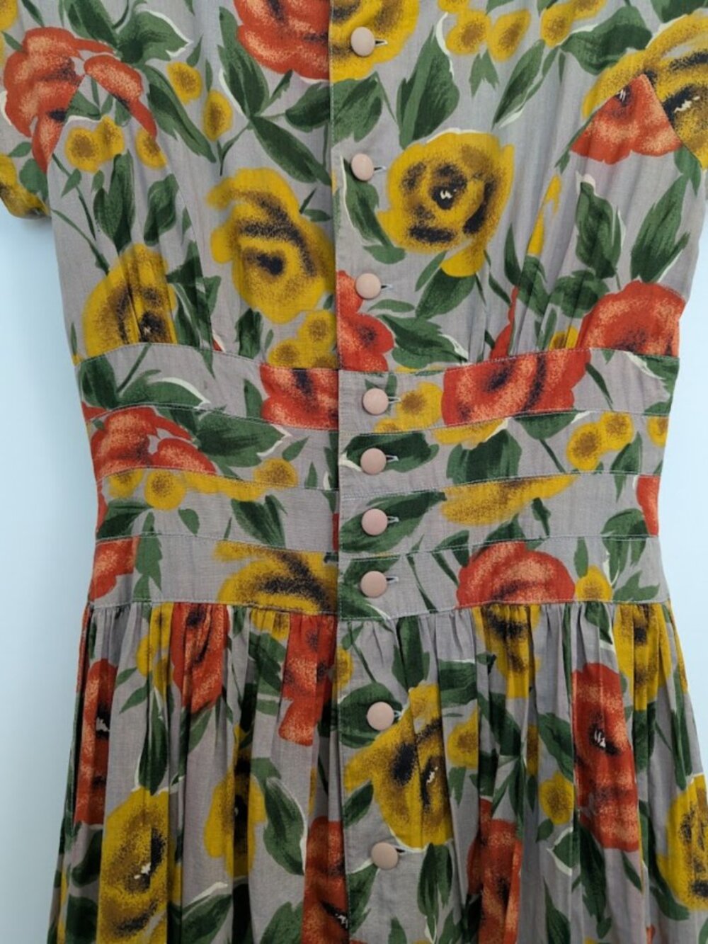 Vintage Cotton Poplin Dress Full Button Back Lined Brunch Floral Romantic - Picture 4 of 16